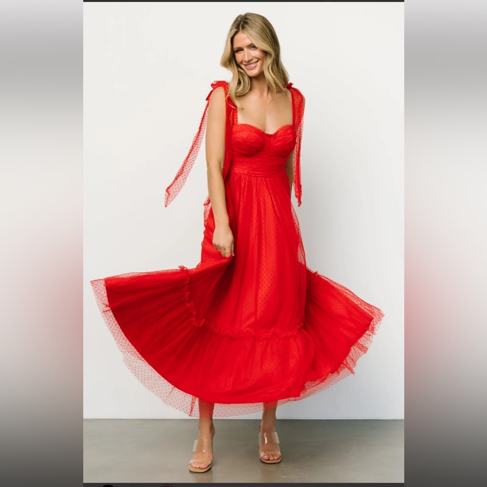 Mable Red Tie Shoulder Tier Midi Dress